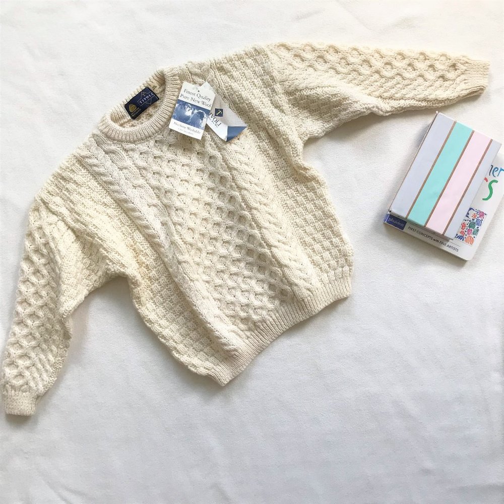 NWT Tivoli Irish Wool Aran Fisherman Cable Knit Sweater Cream Unisex Kids M 8 10